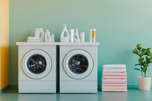 Modern laundry room with washing machines and neatly stacked towels. photo