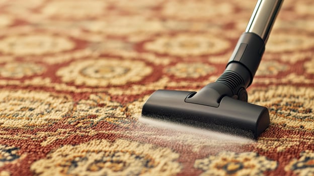 Vacuum cleaner on ornate carpet, dust and dirt removal, clean interior space. photo