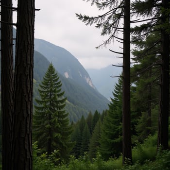 A mistshrouded forest filled with towering evergrees photo