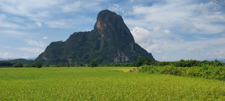 Scenic view of a green field with a towering mountain under a partially cloudy sky, showcasing nature's beauty and tranquility. photo