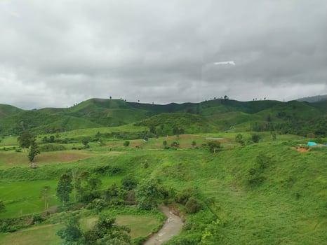 Lush green hills under cloudy sky, serene landscape with trees, grass, and winding path. Peaceful and natural scenery. photo