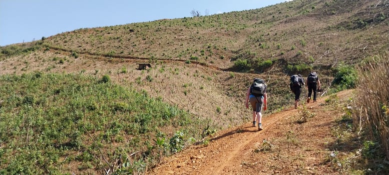 Three hikers with backpacks climbing a dirt trail on a grassy hillside under a clear sky in the daytime. photo