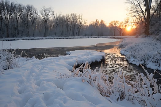 Serene Winter Sunrise Over Frozen River in Snowy Woodland Landscape photo