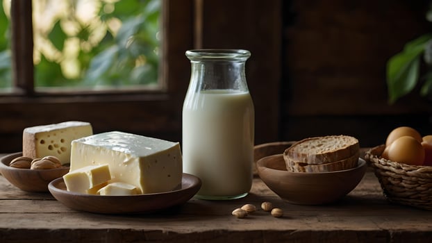 Fresh Organic Dairy Products On Wooden Table photo