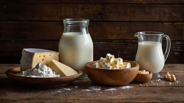 Fresh Dairy Products on Rustic Wooden Table photo