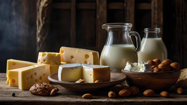 Cheese and Milk Assortment on Rustic Wooden Table photo