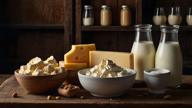 Dairy Products Assortment On Wooden Table With Rustic Background photo