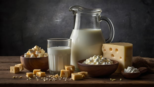 Milk, Cheese, and Cottage Cheese Dairy Products On Wooden Table photo