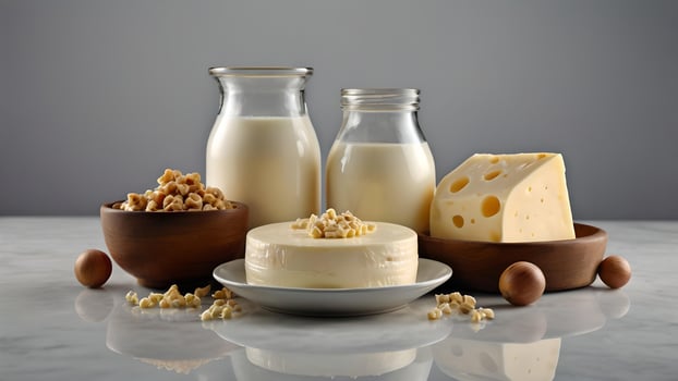 Fresh Dairy Products On A White Marble Surface photo
