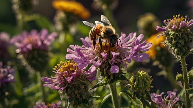 Bee Pollinating Purple Flower in a Garden photo