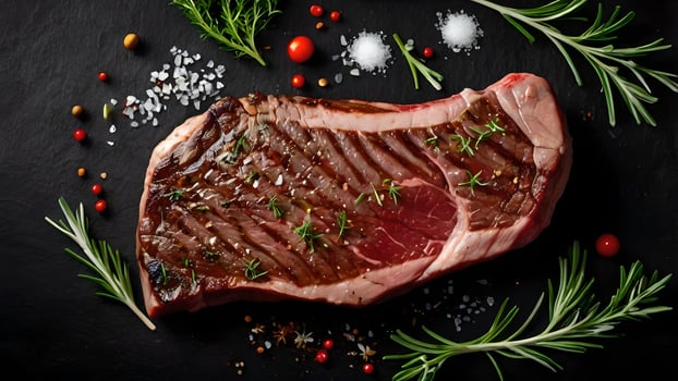 Juicy Grilled Steak with Rosemary and Salt on Black Surface photo