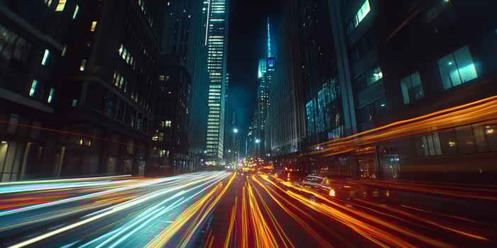 A time-lapse effect of traffic lights creating trails in the city at night, skyscrapers towering above photo