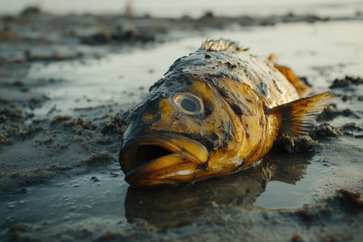 Dead fish floating in polluted water covered by oil spill photo