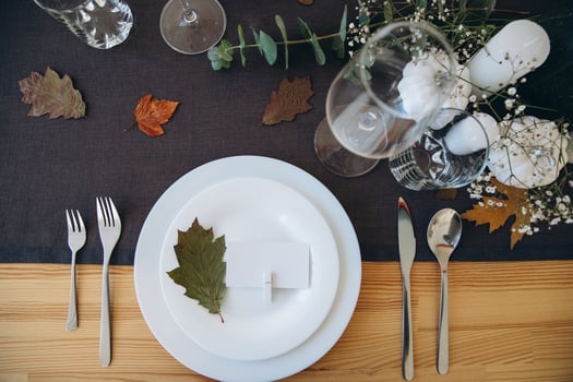 Thanksgiving table setting, tableware and decor, decoration, family holiday. Autumn mockup, top view photo
