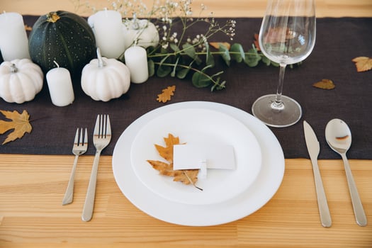 Thanksgiving table setting, tableware and decor, decoration, family holiday. Autumn mockup. photo