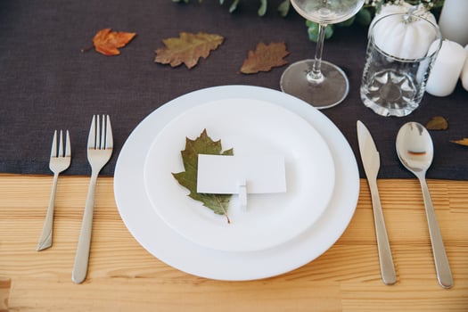 Thanksgiving table setting, tableware and decor, decoration, family holiday. Autumn mockup. photo