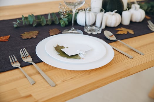 Thanksgiving table setting, tableware and decor, decoration, family holiday. Autumn mockup. photo