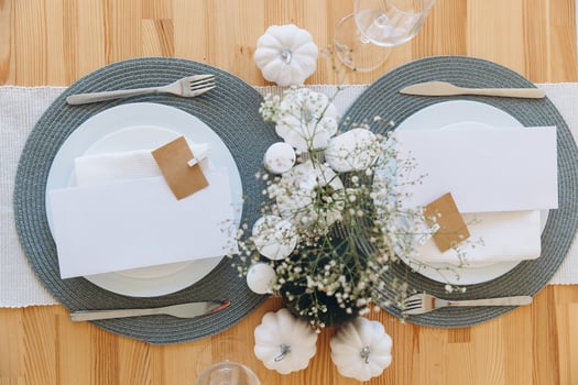 Thanksgiving table setting, tableware and decor, decoration, family holiday. Autumn mockup. photo