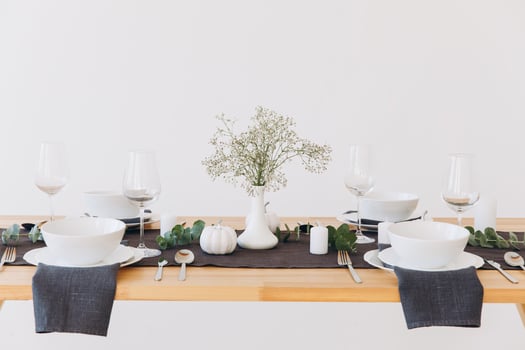 Thanksgiving table setting, tableware and decor, decoration, family holiday. Autumn mockup. photo