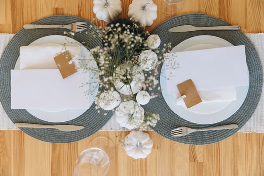 Thanksgiving table setting, tableware and decor, decoration, family holiday. Autumn mockup. photo