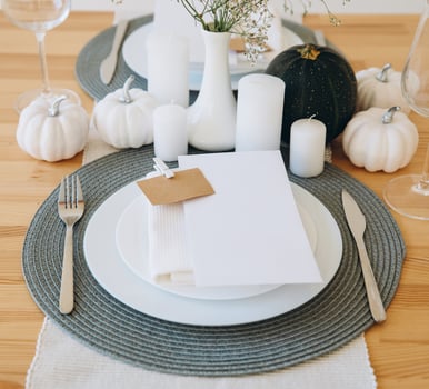 Thanksgiving table setting, tableware and decor, decoration, family holiday. Autumn mockup. photo
