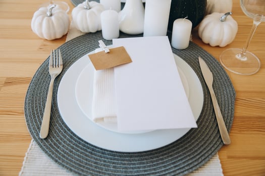 Thanksgiving table setting, tableware and decor, decoration, family holiday. Autumn mockup. photo