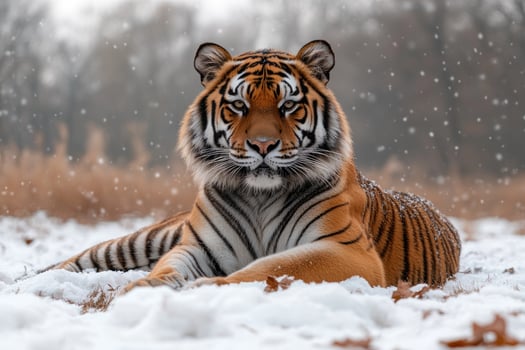 Siberian tiger relaxing on snow during snowfall photo