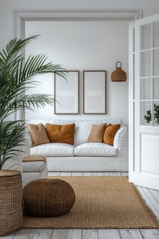 White scandinavian living room with large jute rug and minimalist decorations photo