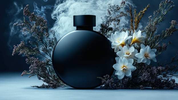 A striking fragrance bottle rests among elegant flowers, enveloped in gentle smoke photo