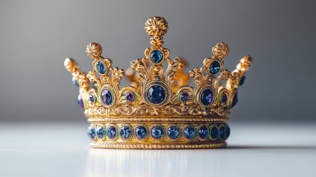 A stunning golden crown with blue gems, capturing beauty and regal elegance photo