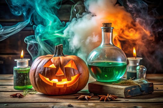 spooky Halloween scene featuring carved pumpkin, glowing liquids, and smoke photo