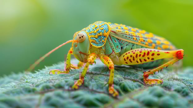 a close up of a colorful insect on a leaf photo