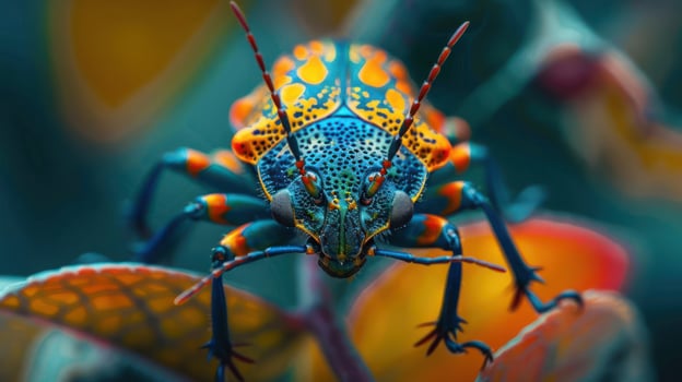 a close up of a colorful insect on a plant photo