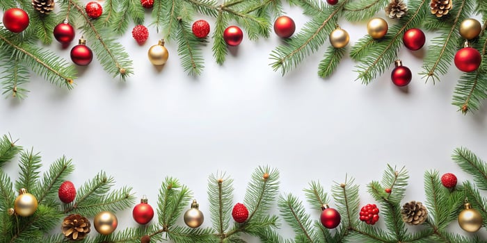 festive Christmas backdrop with green pine branches and ornaments photo