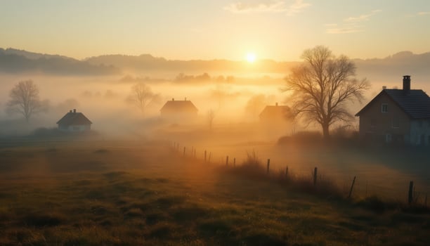Early morning sun rises over a mist-covered photo