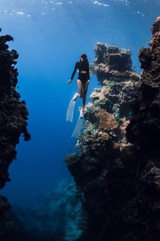 Female freediver swims in underwater canyon near Menjangan island, Bali. photo