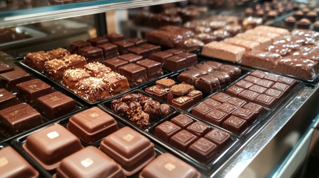 Chocolate desserts showcased at a patisserie. Gourmet pastries, including cakes and chocolate treats photo