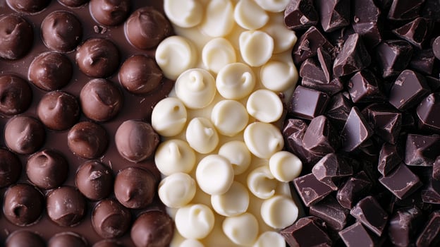 Dark, milk, and white chocolate varieties side by side. Chocolate pieces in diffrent color photo