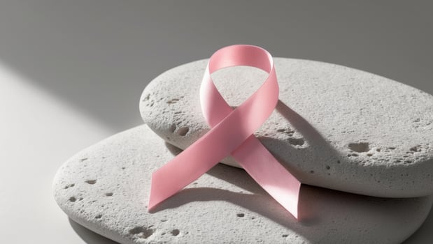 Breast Cancer Awareness Pink Ribbon on Stone Background. photo