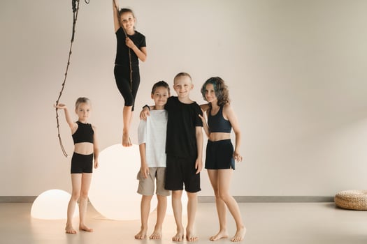 Portrait of a group of children in the fitness room. Children's yoga photo