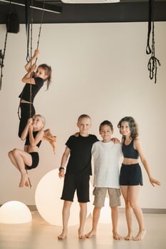 Portrait of a group of children in the fitness room. Children's yoga photo