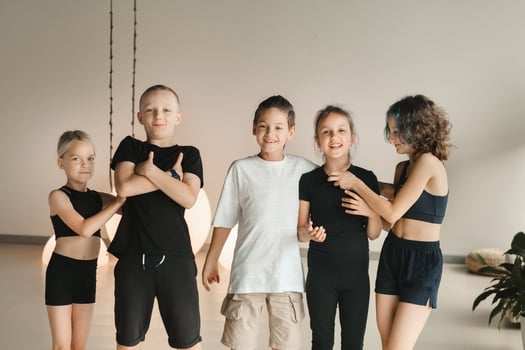 Portrait of a group of children in the fitness room. Children's yoga photo