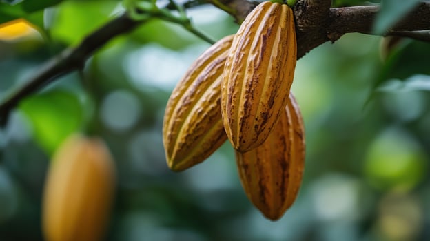 Ripe Cocoa Pods on a Cacao Tree Branch photo