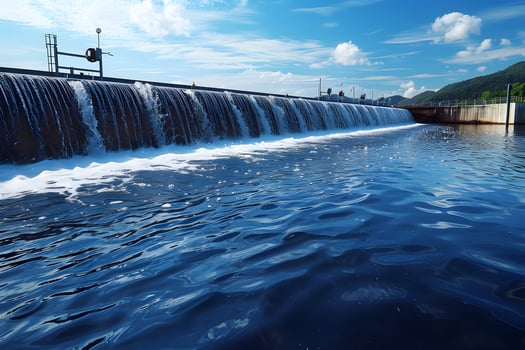 Serene River Waterfall Under Blue Sky - Nature Scene for Tranquil Design and Print photo