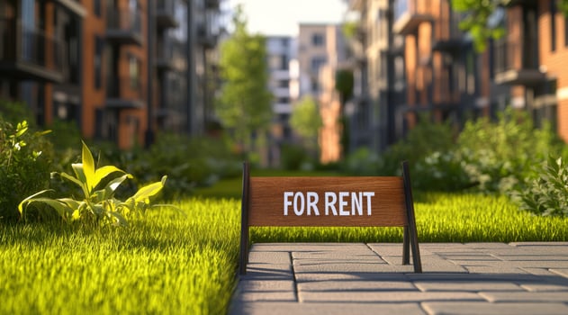 For rent sign in serene residential neighborhood during sunny afternoon photo