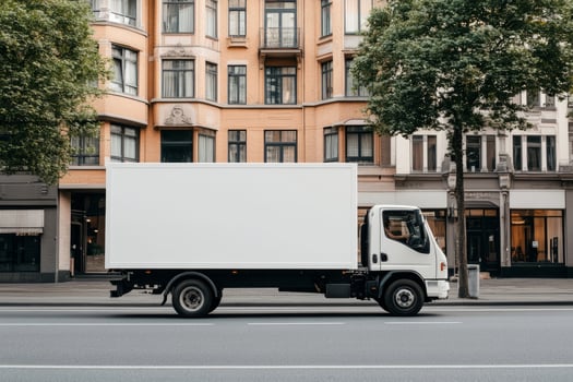 Empty blank white mockup of the truck on city street with buildings in the background photo
