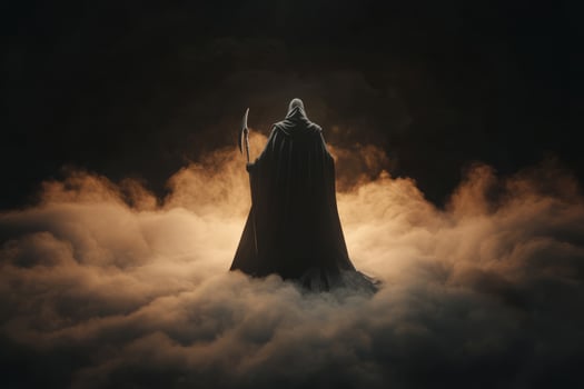 Dark hooded death figure holding a scythe stands in a thick fog photo