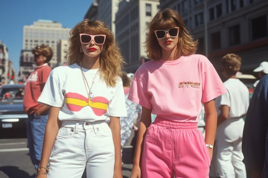 Women dressed in 1980s inspired oversized outfits featuring bold colors photo