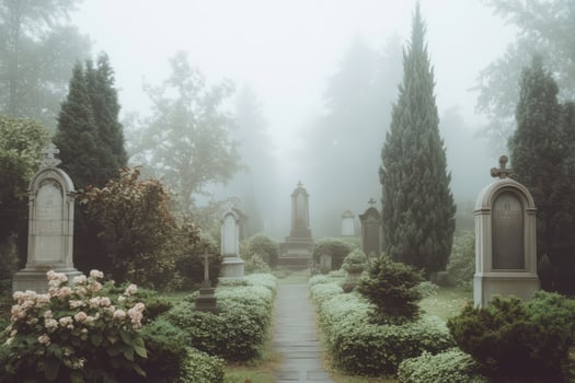 Foggy cemetery with weathered tombstones. Mysterious atmosphere photo