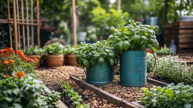 Weathered iron planters fresh basil and oregano vintage watering cans resting on the soil raised beds rich in compost wooden trellises supporting vines compost piles nearby photo